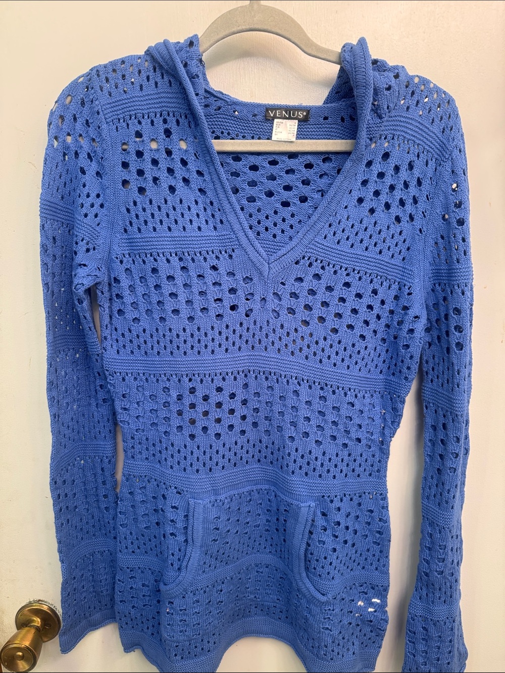 VENUS Perforated V-Neck Hooded Sweater in Blue, 100 % cotton